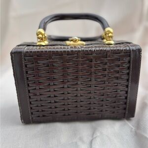 Vintage Wicker Dark Brown Handbag with Gold Hardware